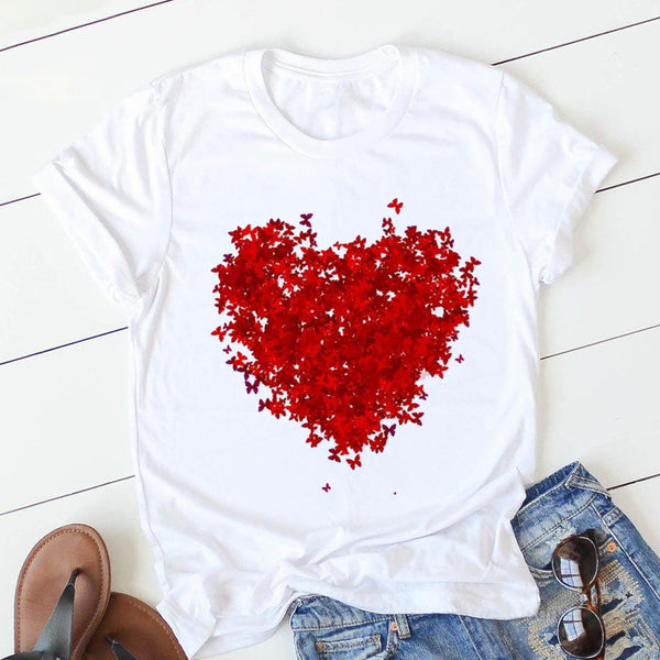 Women Heart Print Tee Soft Comfy Casual Top