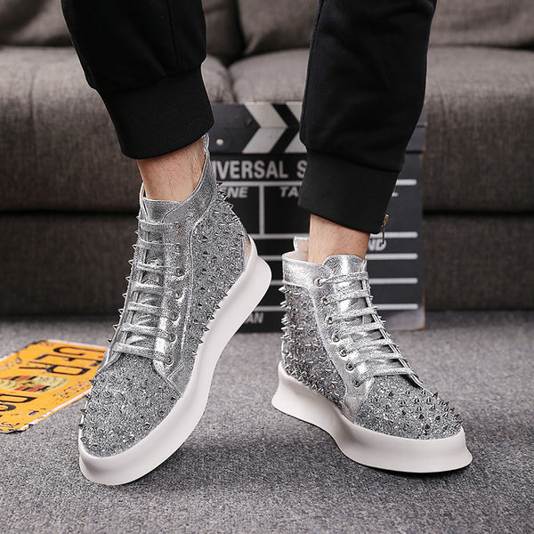 Lace-Up Diamond Pattern High-Top Fashion Sneakers
