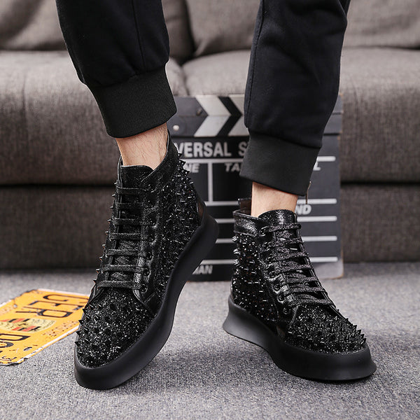 Lace-Up Diamond Pattern High-Top Fashion Sneakers