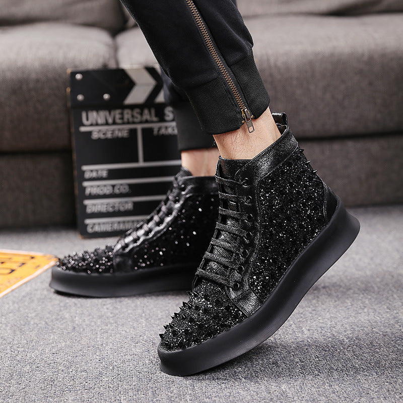 Lace-Up Diamond Pattern High-Top Fashion Sneakers