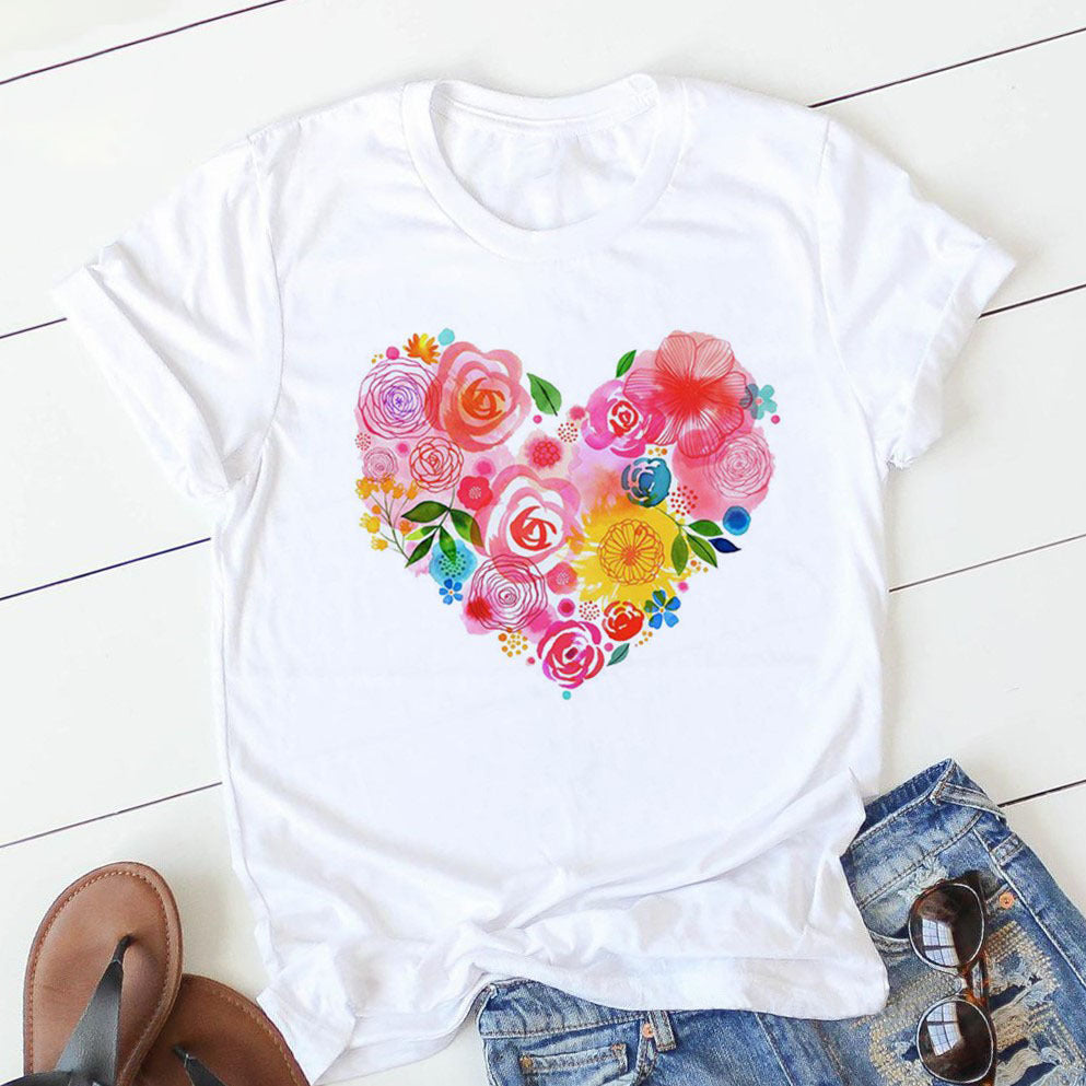 Women Heart Print Tee Soft Comfy Casual Top
