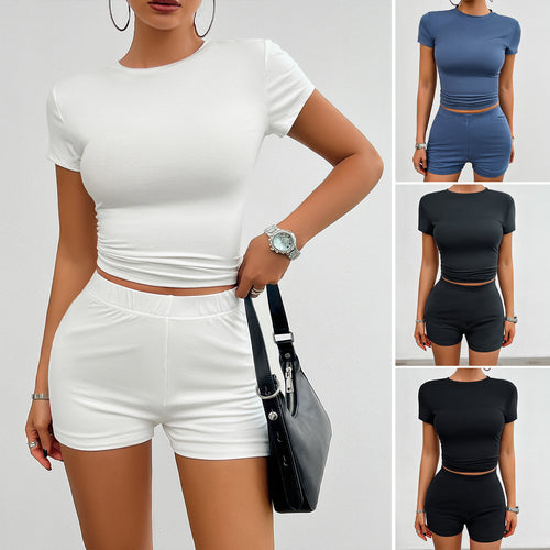 Summer Fitness Outfit for Women with Round Neck Tee and Shorts