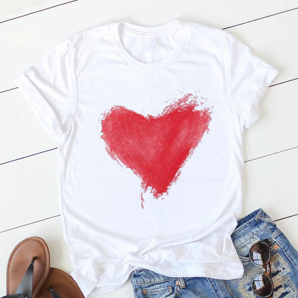 Women Heart Print Tee Soft Comfy Casual Top