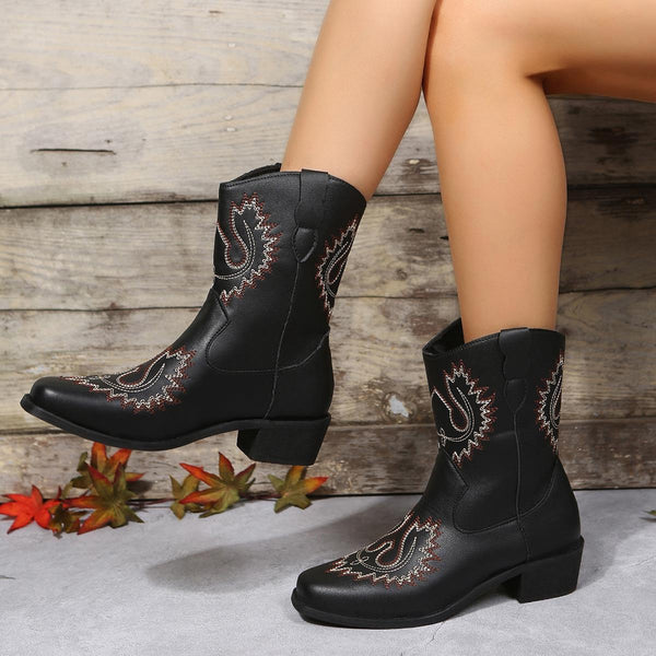 Boho Embroidered Boots – Handcrafted Details with a Comfortable Low Heel