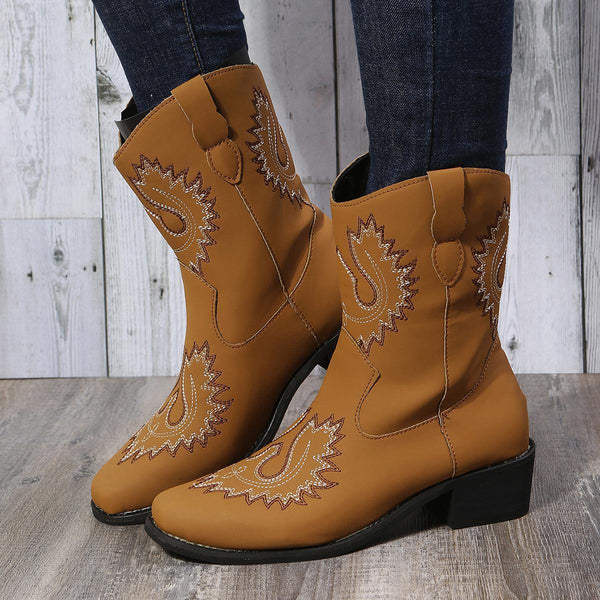 Boho Embroidered Boots – Handcrafted Details with a Comfortable Low Heel