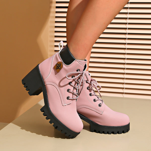 Chunky Heel Lace-Up Ankle Boots