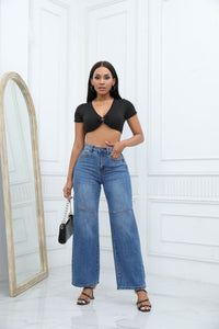 High-Rise Ripped Wide-Leg Jeans