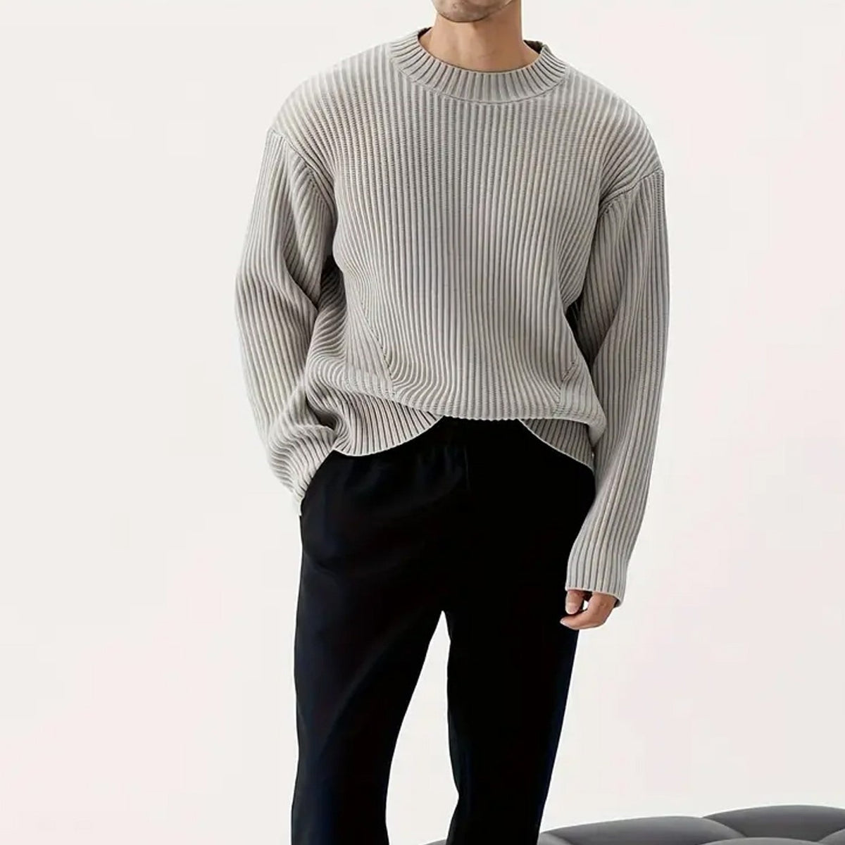 Men’s Gray Round Neck Sweater Casual Comfort