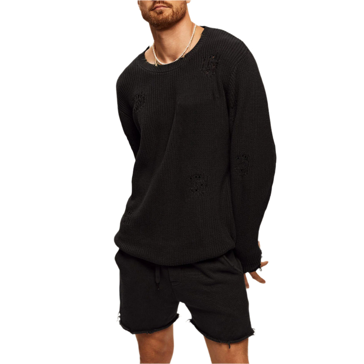 Men’s Ripped Knit Sweater Loose Fit Long Sleeve
