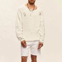 Men’s Ripped Knit Sweater Loose Fit Long Sleeve