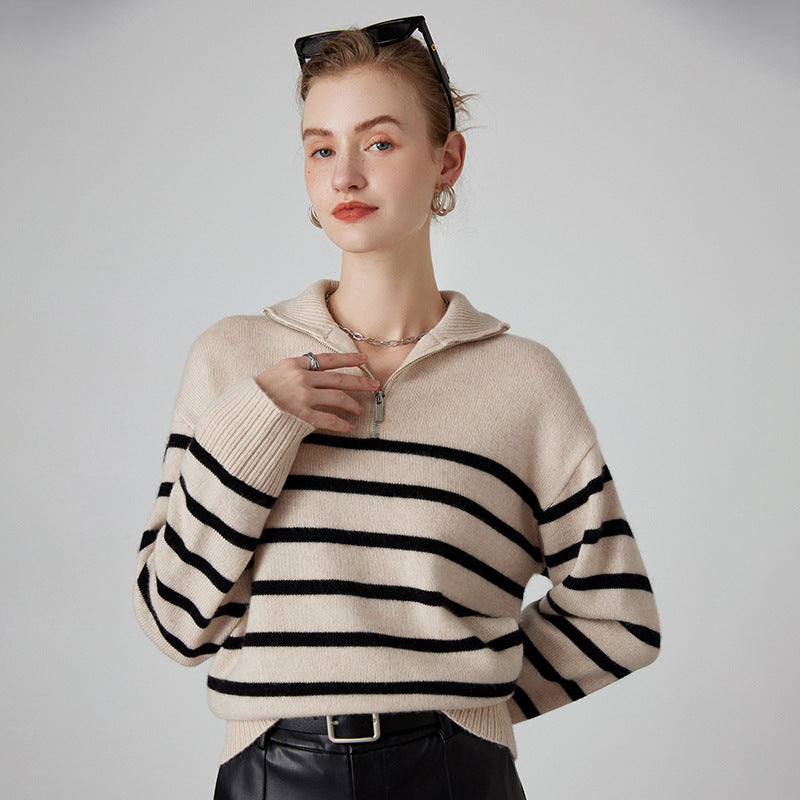 Striped Zipper Turtleneck Sweater – Luxurious Cashmere for Women