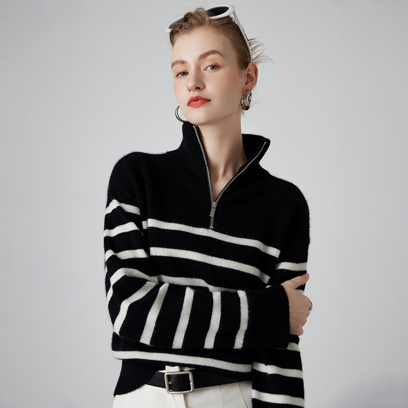 Striped Zipper Turtleneck Sweater – Luxurious Cashmere for Women