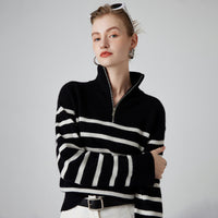Striped Zipper Turtleneck Sweater – Luxurious Cashmere for Women
