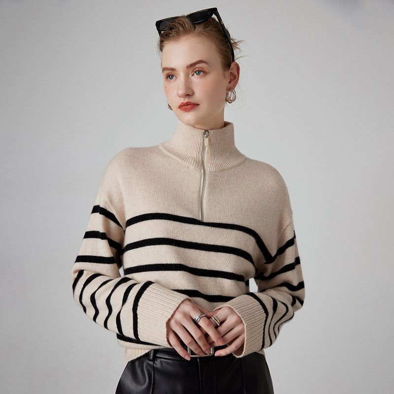 Striped Zipper Turtleneck Sweater – Luxurious Cashmere for Women