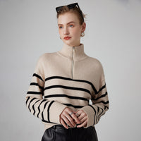 Striped Zipper Turtleneck Sweater – Luxurious Cashmere for Women