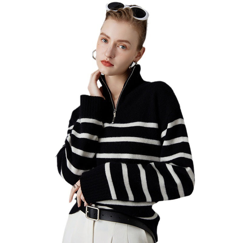 Striped Zipper Turtleneck Sweater – Luxurious Cashmere for Women