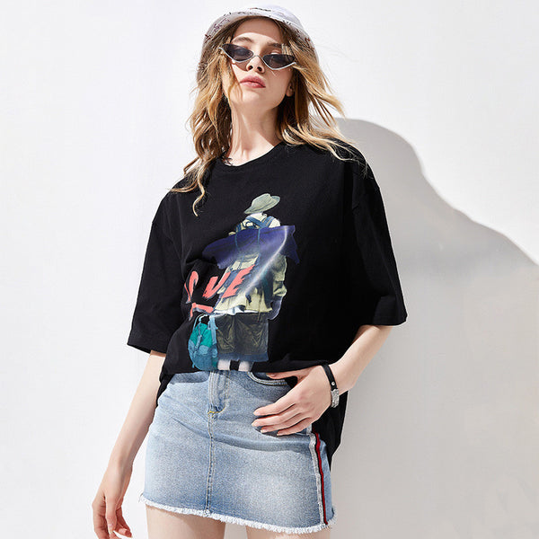 Boyfriend Fit Tee Women Bare Shoulder Graphic Top