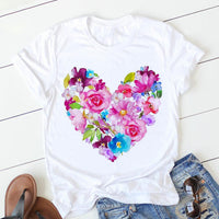 Women Heart Print Tee Soft Comfy Casual Top