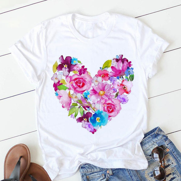 Women Heart Print Tee Soft Comfy Casual Top