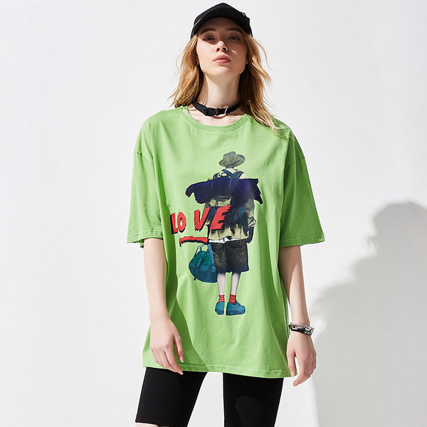 Boyfriend Fit Tee Women Bare Shoulder Graphic Top